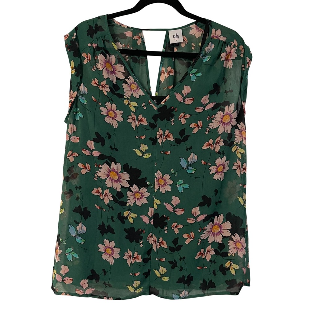 Cabi Green Floral Sleeveless Blouse with Camisole Liner V-Neck Open Back 3619 M